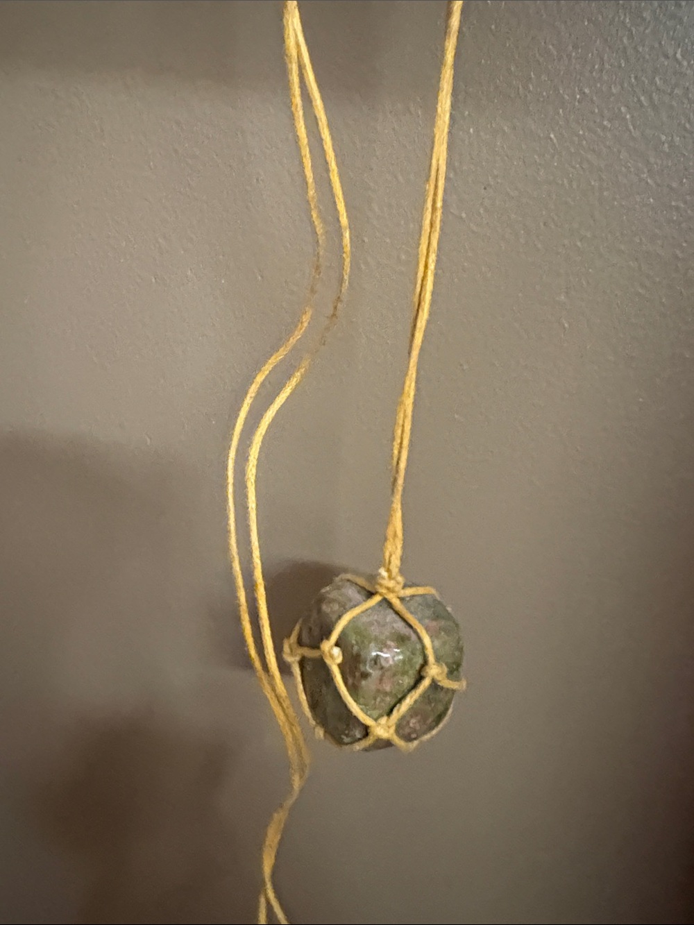 Handcrafted Yellow Cord Necklace with Green Stone Pendant